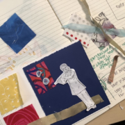 Collage of fabrics and illustration of person playing the flute